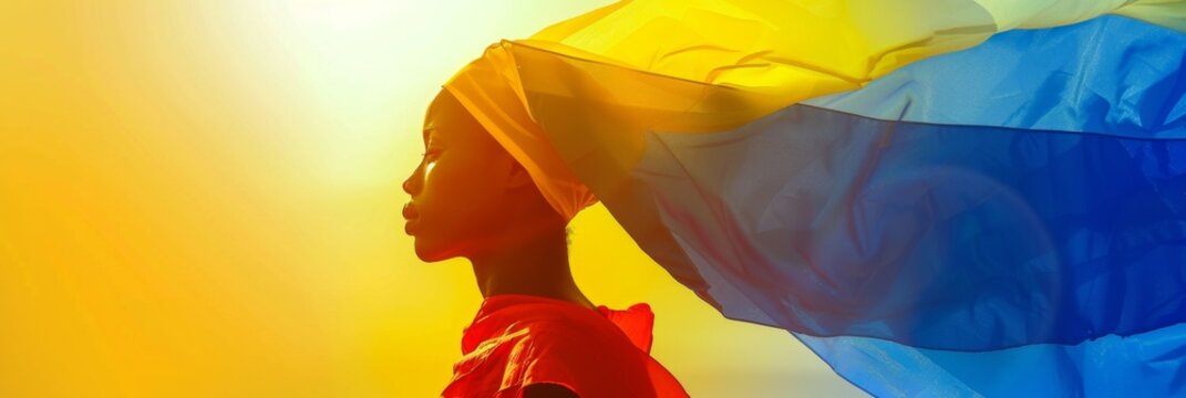 Independence day of Chad celebrating. Woman in traditional clothing in the colors of the national flag of Chad, horizontal banner, free space for text