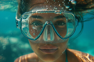 Naklejka premium Enchanting underwater world made with Generative AI technology, people exploring ocean sea swimming with fish