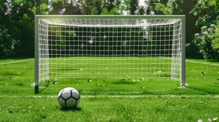 Fototapeta premium green football field pictures Flat with goal posts, soccer goal, soccer ball