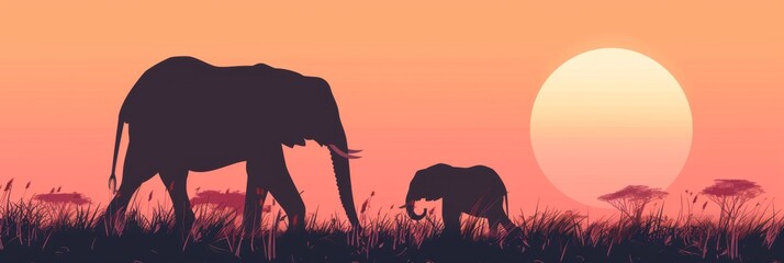 World Elephant Day. Silhouettes of an elephant and a baby elephant against a sunset background. Horizontal banner, free space for text, flat illustration. Wildlife protection and animal conservation 