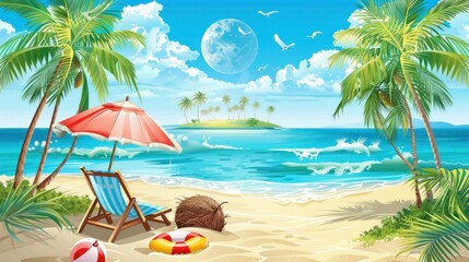 Fototapeta premium Coconut trees and lounge chairs, summer island beach, 3d illustration