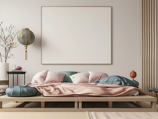 Modern Minimalist Bedroom Interior Design with Wooden Bed and Blank Canvas.