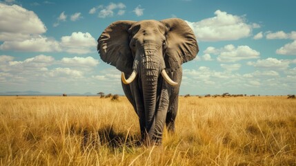 World Elephant Day. Big elephant against the background of the sky and savanna. Horizontal banner, free space for text. Wildlife protection and animal conservation concept