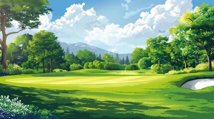 Fototapeta premium The golf course is quiet and surrounded by lush greenery and beautiful nature.
