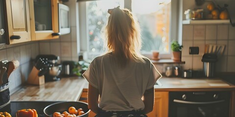 Woman cooking in modern kitchen feels disoriented as if doing tasks for the first time. Concept Cooking Challenge, Disorientation, Modern Kitchen, First Time Task