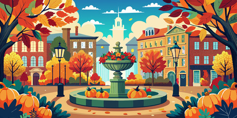 Picturesque town square with a fountain surrounded by pumpkins, autumn trees, and historic buildings under a clear blue sky.