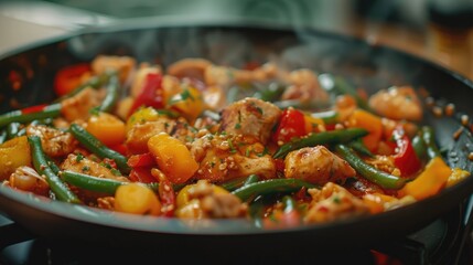 Stir fry chicken, sweet peppers and green beans
