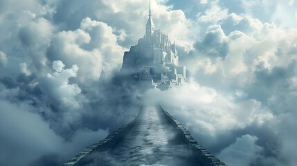 Fototapeta premium Visionary Road Through Cloudscape Leads to Floating Castle,Businessperson Ready for Conceptual