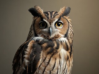 Portrait of a Great Horned Owl with Detailed Feathers and Intense Eyes