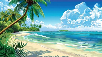 Pictures of white sand beaches, beautiful sea, and coconut trees.