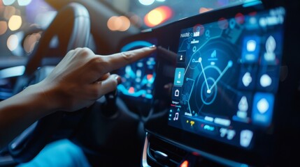 A persons hand reaches out to interact with the digital display of a cars infotainment system. The screen shows various icons and data, including navigation and music controls.