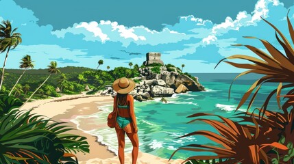 A female tourist is delighted by the stunning scenery of the Columbian seaside.