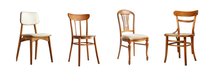 Four different wooden chairs with white seats on transparent background, furniture chair edge border