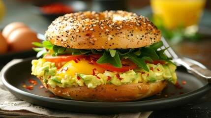 Bagel with Avocado and Egg: A breakfast bagel with mashed avocado, poached egg, various toppings, placed on a dark plate with a fork and napkin.