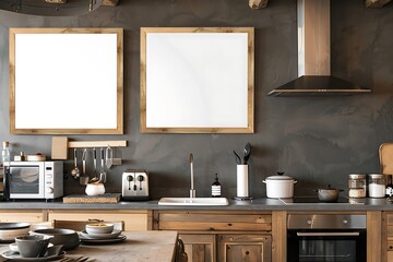 Rustic Kitchen Interior with Blank Frames.