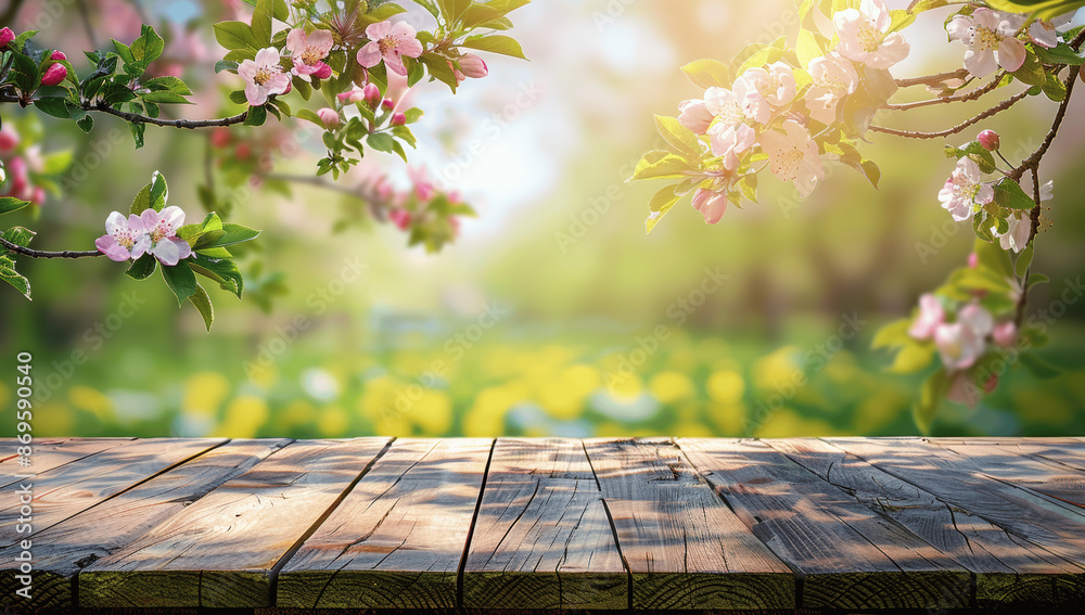 Canvas Prints spring nature background with lush green foliage blooming apple tree and empty wooden table for prod