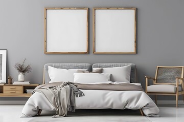 Modern Bedroom Interior with Blank Frames.