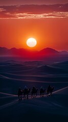 Fototapeta premium a group of people riding camels across a desert