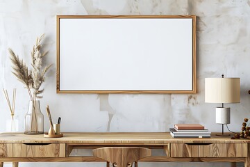 Modern Home Office Desk with Wooden Frame Artwork Mockup.