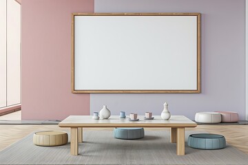 Minimalist Living Room with Wooden Table and Cushions.
