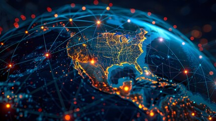 Obraz premium Digital globe centered on America with a network of data lines, emphasizing global connectivity and cyber technology