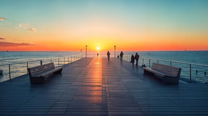 Obraz premium a pier with benches and people walking on it