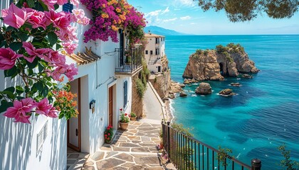 a scenic view of the ocean and a house