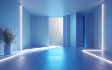 Minimalistic abstract blue room, glowing lines, product presentation backdrop, modern interior, 3D rendering, empty space