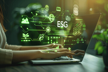 ESG Business Strategy Analysis with Sustainable Development Icons on Laptop by Woman Typing Eco-Friendly Energy Governance in Studio Lighting