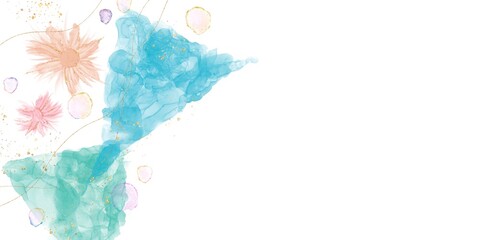 アルコールインクアート横長バナー。白背景にピンクとオレンジの花と二つの三角形と金色グリッター