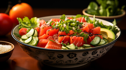 A beautifully arranged poke bowl featuring fresh salmon, avocado, cucumber, and vegetables, perfect for a healthy meal. Vibrant colors and fresh ingredients make it visually appealing.