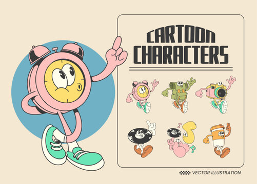 retro cartoon characters, a set of groovy cartoon characters, vector illustration