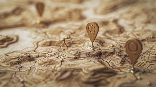 Detailed map with 3D location markers, showing terrain and paths