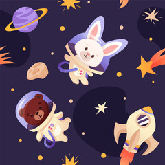 Space Animals Seamless pattern. Cute animal astronauts in space suits, space team in universe, wallpaper kids print vector texture with rockets, stars, planets and moon. 