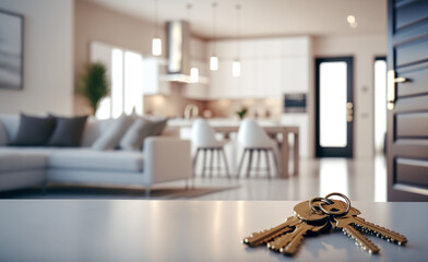 Home keys on white table in new cozy apartment, house or hotel room. Mortgage loan, investment, rent, real estate, property concept