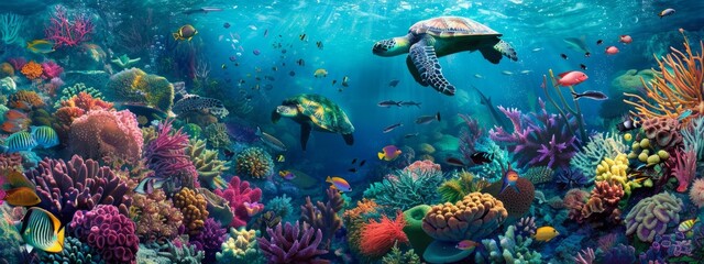 Fototapeta premium Underwater Oasis: A Super Wide Panorama of Coral Reefs and Thriving Marine Life