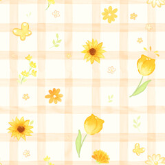Yellow Theme Flower mix water color texure, for decoration on plaid pattern
