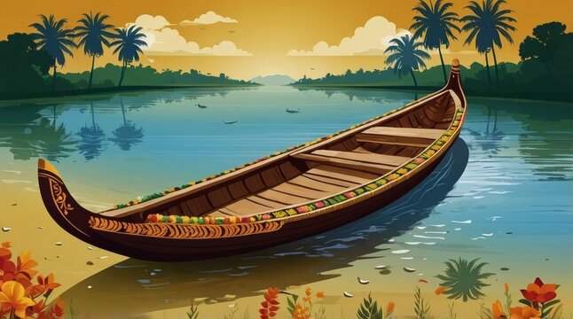 South Indian Festival Onam Boat at river on decorative