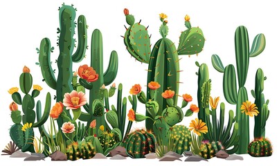 Vibrant Green Cacti with Blooming Flowers, Cut Out on White