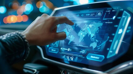 A drivers hand interacts with a cars navigation system, which displays a map of the world. The system is likely used for route planning and navigation.