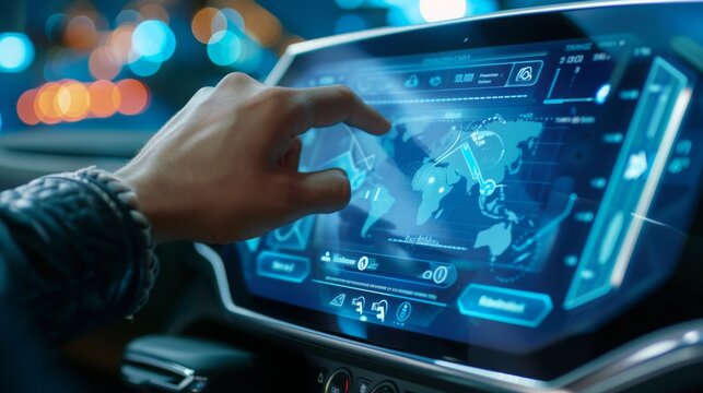 A drivers hand interacts with a cars navigation system, which displays a map of the world. The system is likely used for route planning and navigation. - Powered by Adobe
