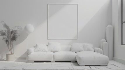 Modern living room interior with a white sofa set, blank poster and minimalist design, on white background, concept of home decor