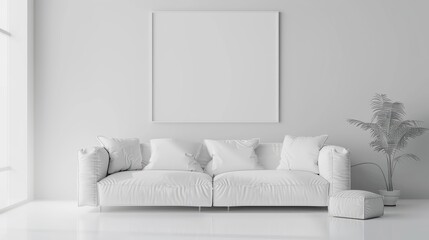 Modern living room interior with a white sofa set, blank poster and minimalist design, on white background, concept of home decor