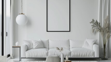 Modern living room interior with a white sofa set, blank poster and minimalist design, on white background, concept of home decor