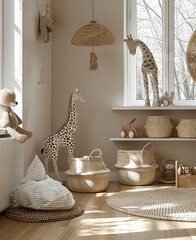 Minimalist Nursery Room with Beige Walls Natural Wood Toys and Cozy Atmosphere