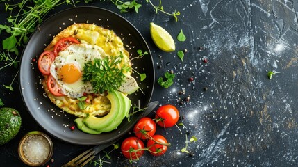 Omelette with mozzarella cheese and avocado. Ketogenic, keto diet breakfast. Top view, copy space