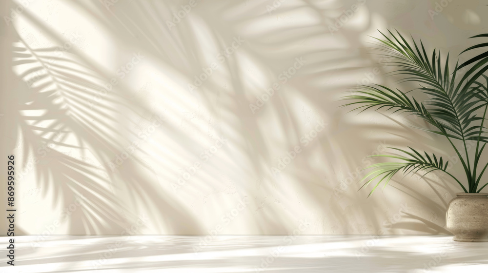 Wall mural minimal pastel background with palm leaf shadow for product display