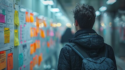 Obraz premium Young Man Walks Past a Wall Covered in Post-it Notes at Night
