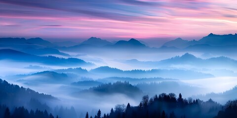 Captivating Sunrise Landscape with Colorful Sky, Foggy Mountains, and Forest. Concept Spectacular Sunrise Landscapes, Colorful Skies, Foggy Mountains Exploration