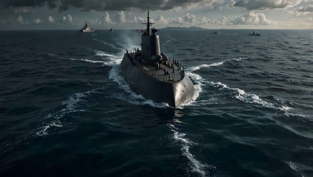 A tense underwater chase involving a stealthy submarine and a naval destroyer ai_generated